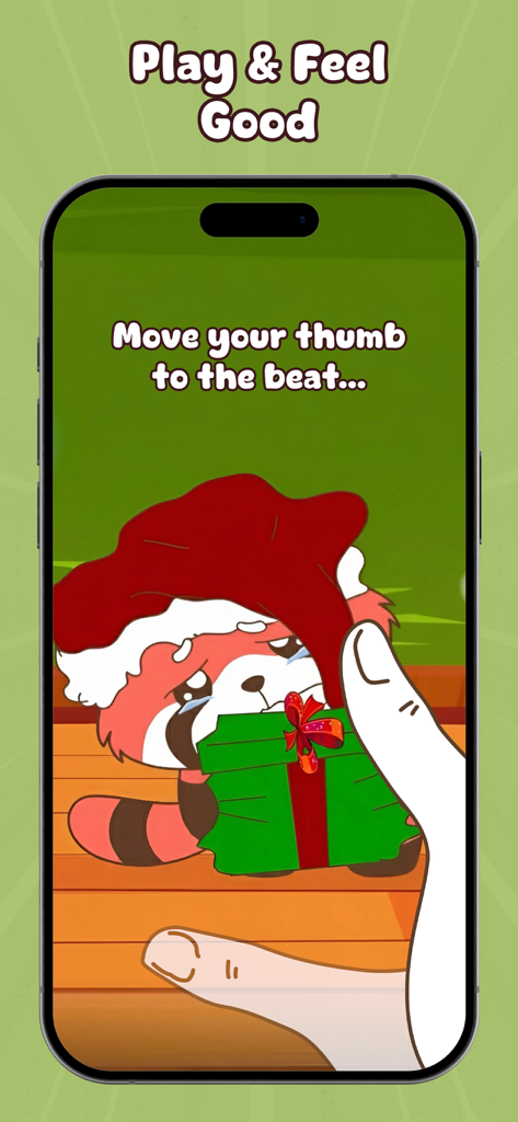 Mobile app screen showing a finger movement game with a cartoon red panda for stress relief.