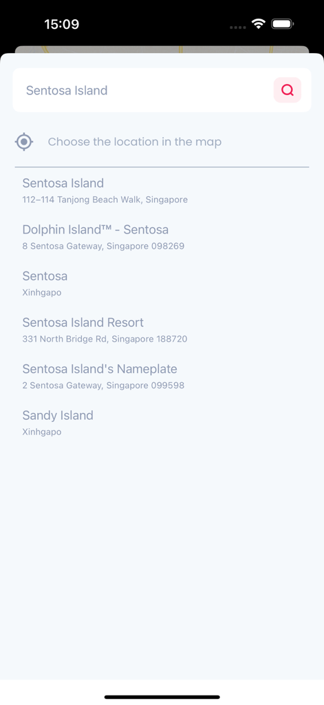 Search results for Sentosa Island in the GPS emulator app