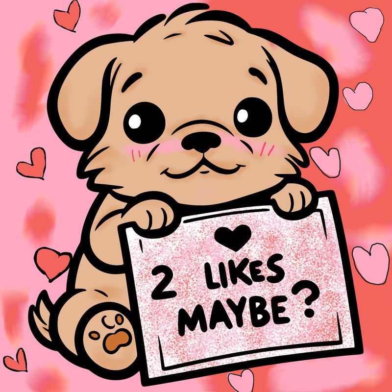 a puppy holding a sign that says 2 likes maybe?
