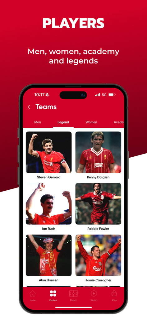The Kop - Live Scores & News - A mobile app screen titled Players showcasing legendary Liverpool FC football players like Steven Gerrard and Kenny Dalglish.