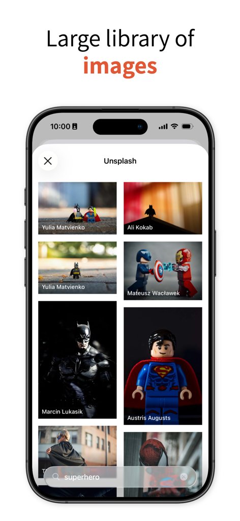 Eine mobile Oberfläche von Pixelmost, die eine große Bibliothek von Stockfotos von Unsplash mit der Suche nach Superhelden zeigt