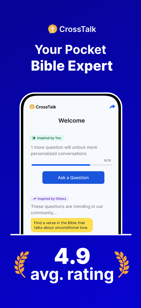 CrossTalk: Bible Chat + Prayer - CrossTalk app screenshot featuring Your Pocket Bible Expert headline and 4.9 average user rating.