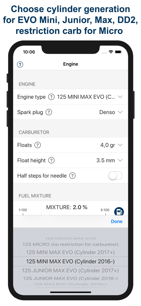 Pantalla de configuración del motor para seleccionar la generación del cilindro y el tipo de motor en la aplicación Jetting Rotax Max EVO Kart.