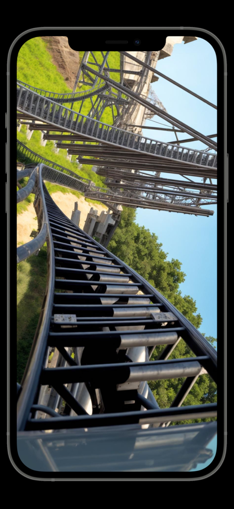 VR Movies 3D - Virtual Reality - First-person virtual reality view of a roller coaster track curving upwards.