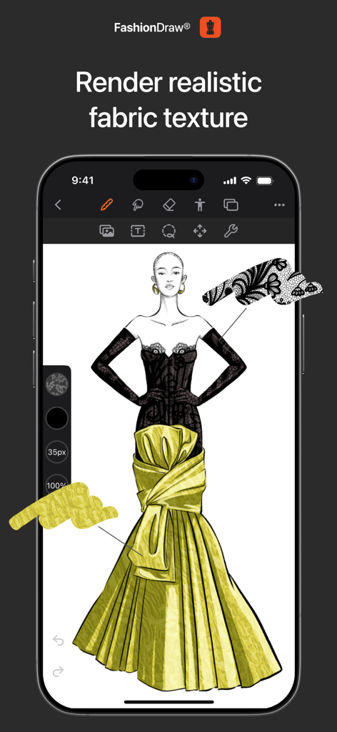 A fashion illustration on a smartphone showing realistic lace and pleated fabric textures using the FashionDraw app