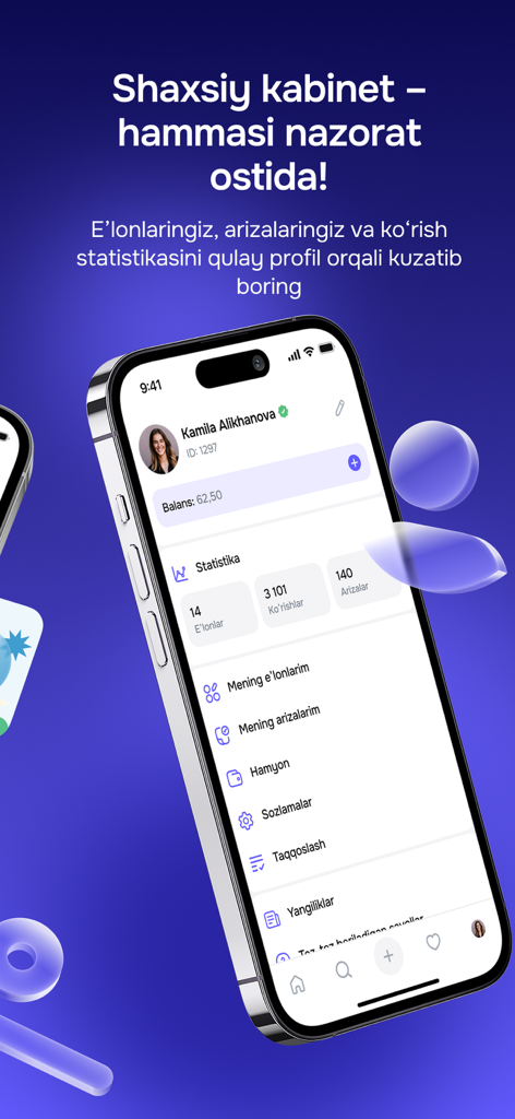 Urbo - Uy sotib olish va ijara - Personal profile dashboard of the Urbo real estate app showing user statistics and account settings