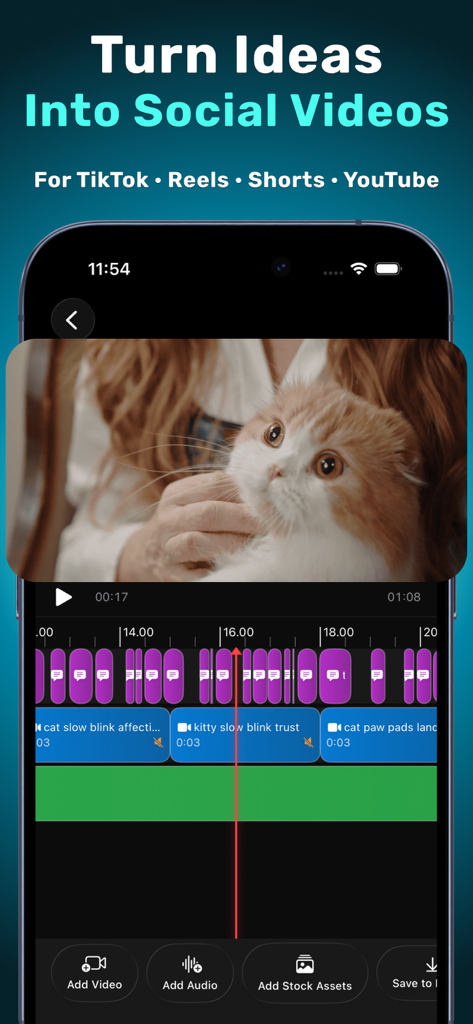 OneClip app interface showing an AI video editing timeline for TikTok and Reels with captions and stock footage.
