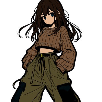 anime teen girl with baggy pants and crop top with sweater