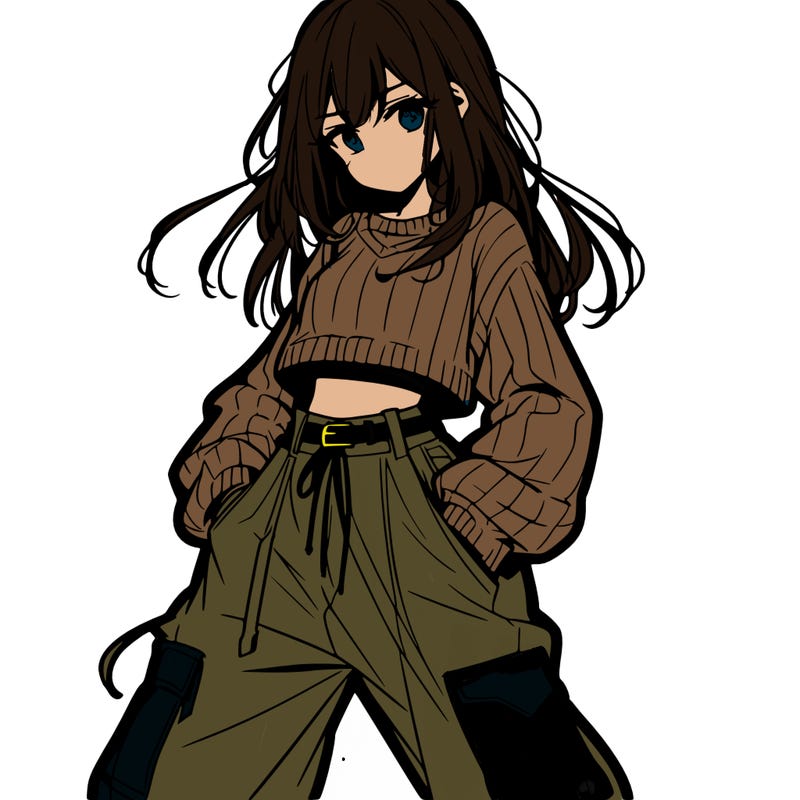 anime teen girl with baggy pants and crop top with sweater