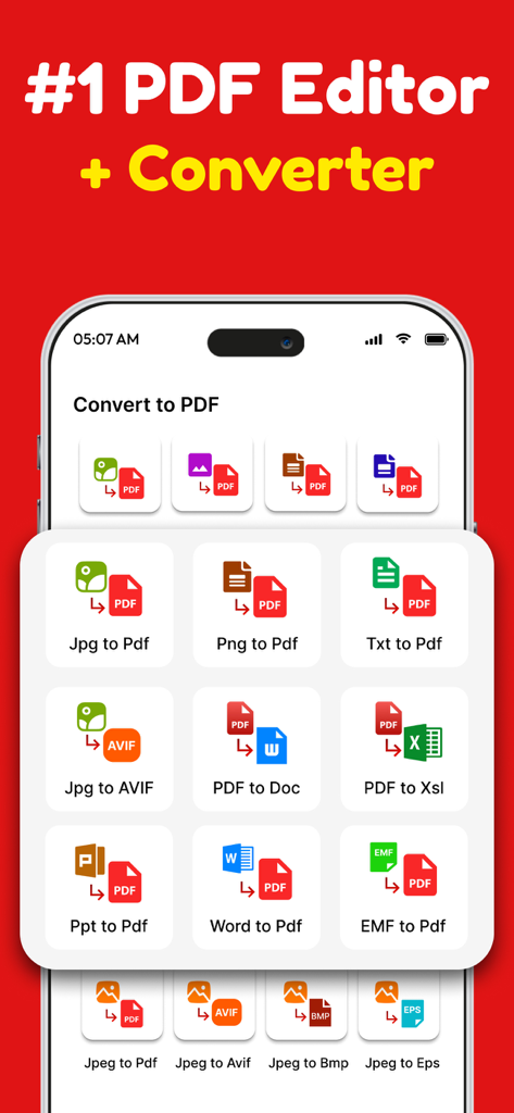 PDF Converter：Scanner & Reader - Une interface d'application mobile affichant plusieurs options de conversion de fichiers pour PDF, Word et images.