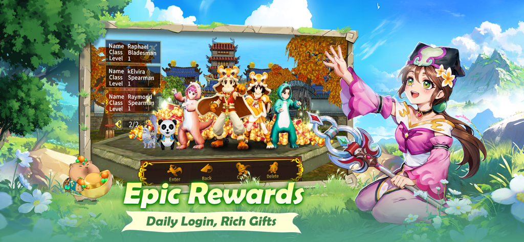 Ruler of the Land - Groupe de personnages en costumes d'animaux et familiers montrant les récompenses de connexion quotidienne dans Ruler of the Land