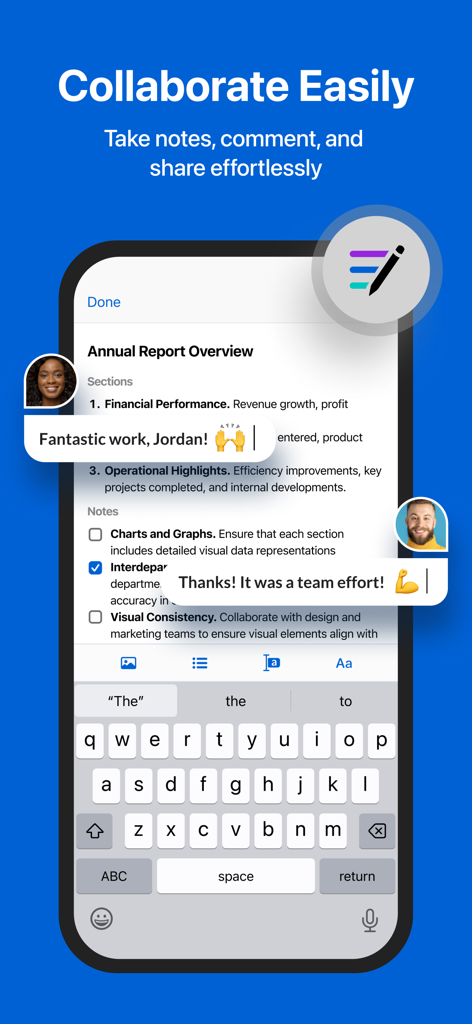 Box for EMM - Screenshot of Box for EMM app showing team members collaborating on an Annual Report with notes and comments