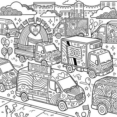 Join the vibrant celebration with our Pride Month commercial vehicles coloring page. Adorned with symbols of love and diversity, these trucks and vans are ready for your creative touch.