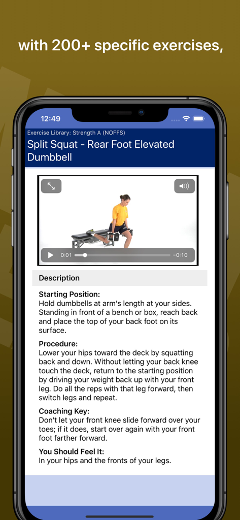Navy SEAL Fitness app exercise library showing a split squat workout demonstration and instructions