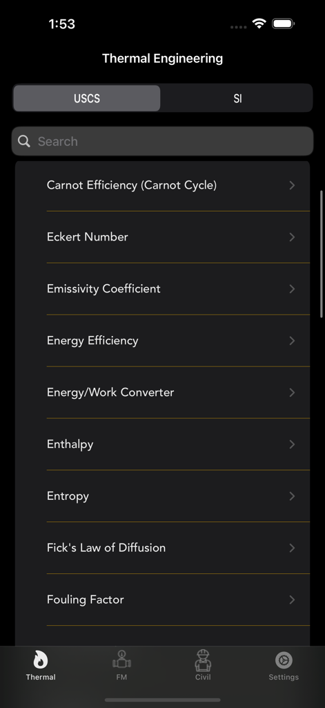 A mobile app screen showing a list of thermal engineering calculators including Carnot Efficiency and Enthalpy with options for USCS and SI units.