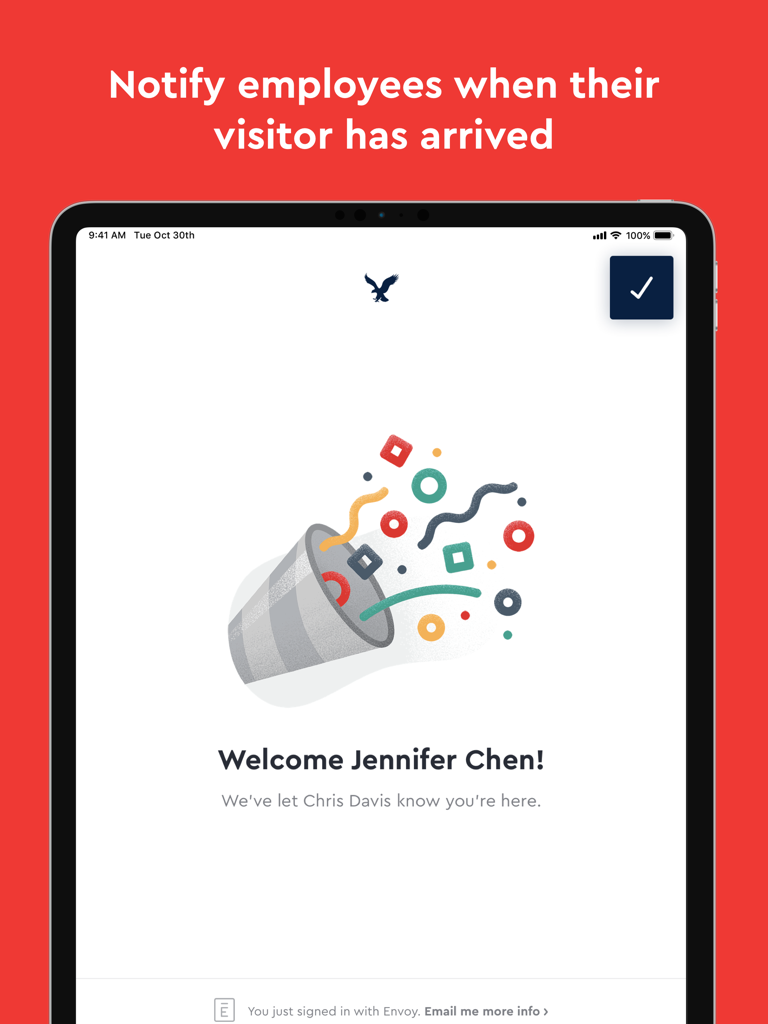 Envoy Visitors Kiosk - iPad screen showing a welcome message for a visitor and a notification sent to an employee