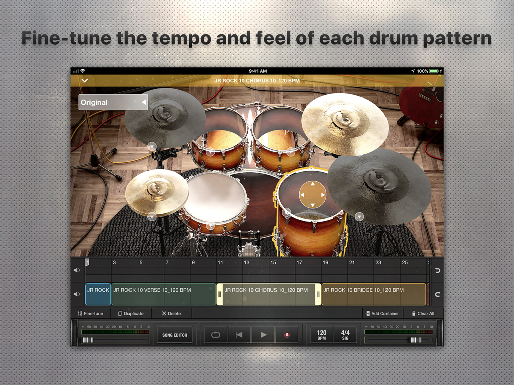 X Drummer app interface for fine-tuning drum patterns and song structure on iPad