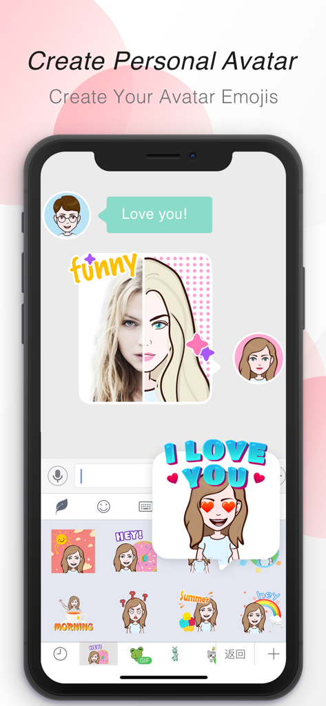 GO Keyboard-Emojis&Cool Themes - Uma tela de celular mostrando o recurso do aplicativo GO Keyboard para criar um avatar pessoal e adesivos de emoji personalizados.
