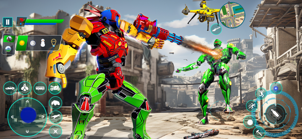 Robot Games - Mech War Games - Giant colorful robot shooting at an enemy in a city battle