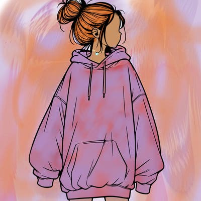 realistic girl with a oversized sweatshirt on and a bun