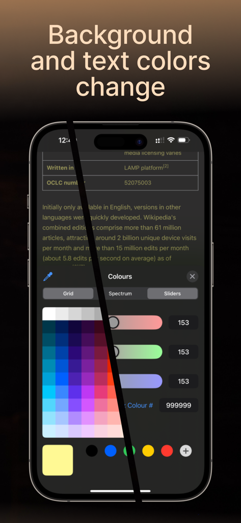 Aplicación Dark Pages en iPhone mostrando una paleta de colores y controles deslizantes para personalizar la apariencia de las páginas web