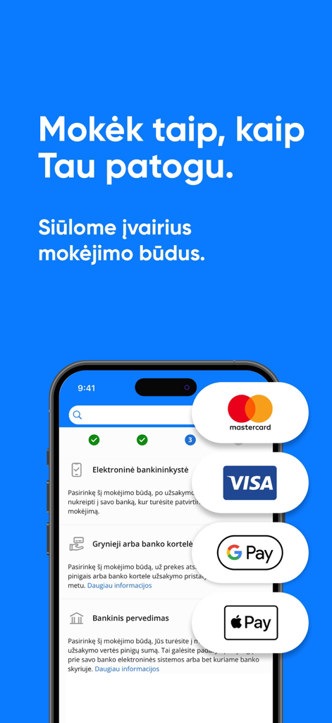 Pigu.lt - mobilioji parduotuvė - Mobile screen showing various secure payment methods including Mastercard Visa Google Pay and Apple Pay