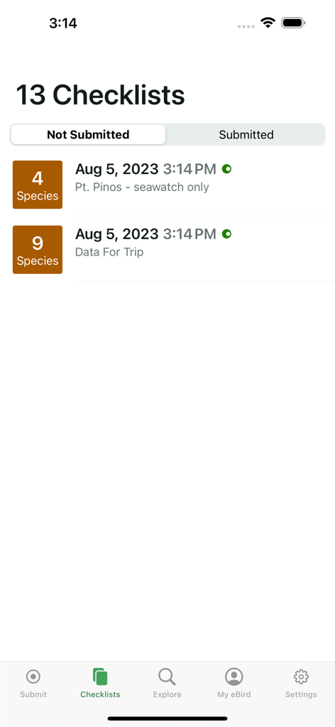 eBird - eBird アプリのインターフェイスに、種のカウントと場所を含むバードウォッチングチェックリストのリストが表示されます