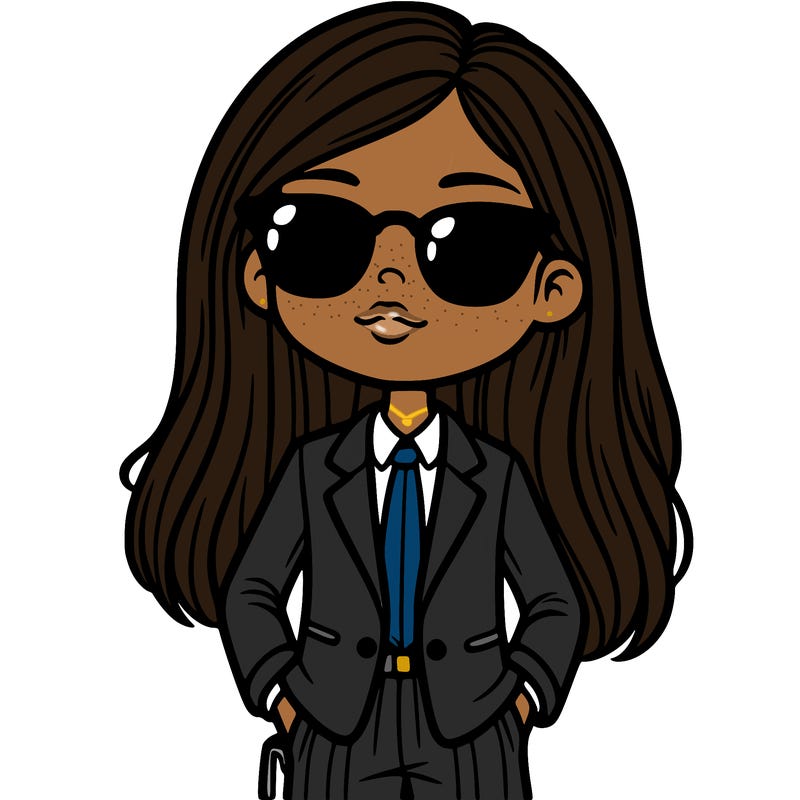girl in a suit and shades with long hair
