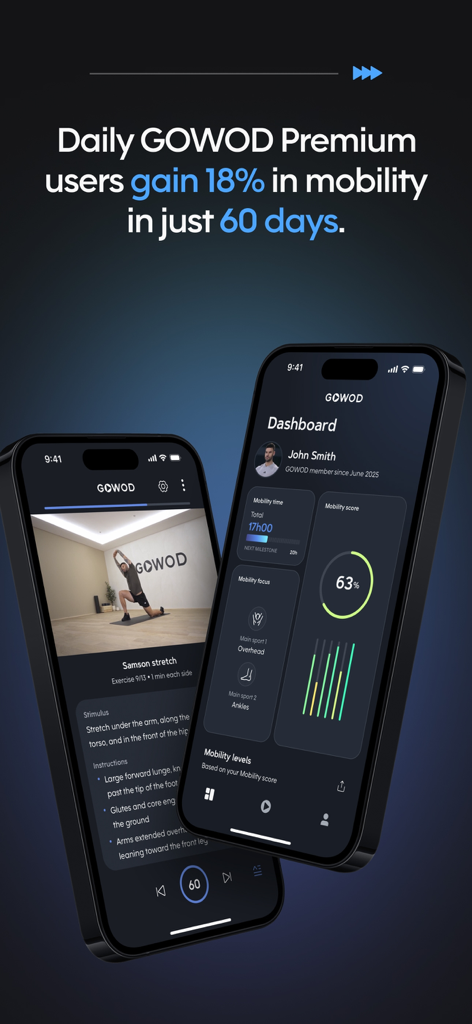 GOWOD – Mobility & Stretching - 모빌리티 점수 통계 및 개인 맞춤형 스트레칭 지침을 보여주는 GOWOD 앱 인터페이스
