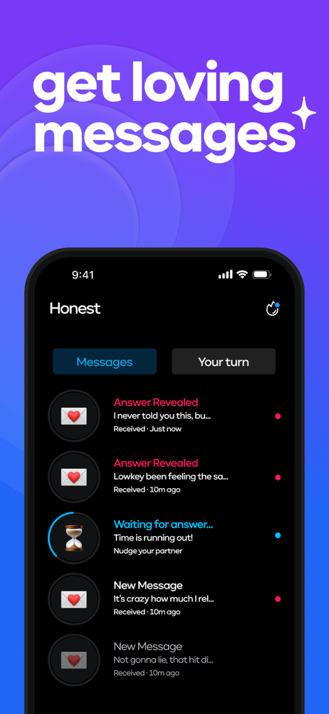 Honest: Couples & Relationship - Interface of the Honest app showing a list of private messages and revealed answers between a couple