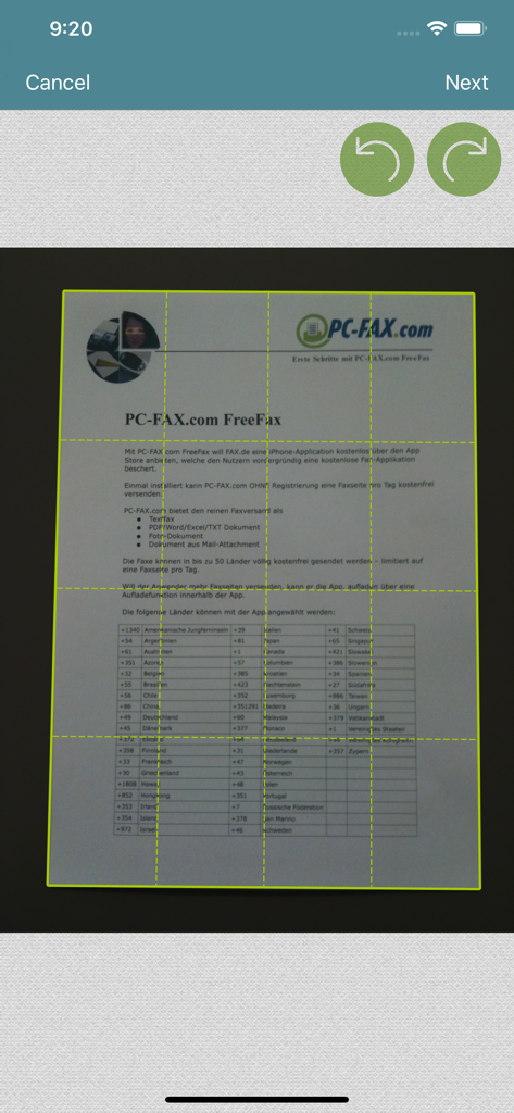Interface do aplicativo móvel mostrando um documento sendo digitalizado com uma sobreposição de grade verde para fax