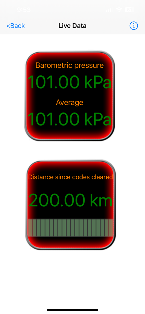 LELink Scanner - LELink Scanner app showing live engine data for barometric pressure and distance since codes cleared on digital gauges