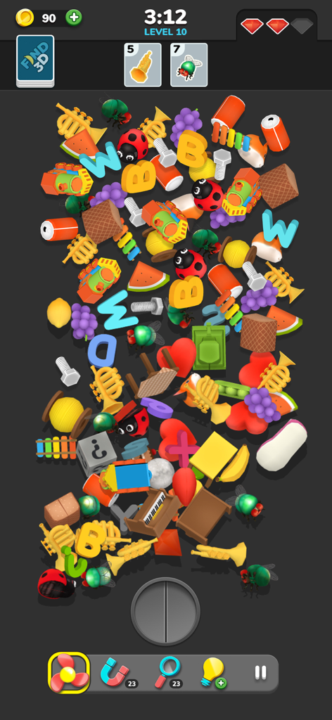 Find 3D ™ - Match 3D Items - Gameplay von Find 3D, das einen Stapel bunter 3D-Objekte zum Sortieren und Kombinieren zeigt