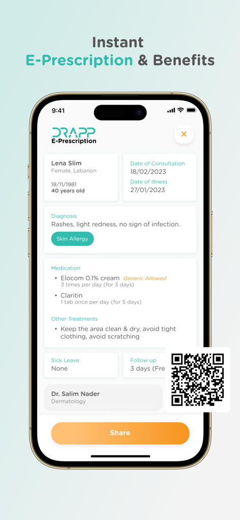 Ein digitales medizinisches Rezept auf der Drapp App, das Patientendaten, Diagnose einer Hautallergie, verschriebene Medikamente und einen teilbaren QR-Code anzeigt