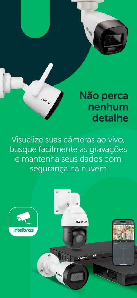 Intelbras ISIC Lite - Intelbras ISIC Lite app showing live security camera feeds and hardware including DVR and cameras.