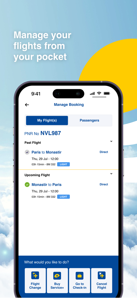 Interface mobile de l'application Nouvelair affichant les options de gestion de vol et les détails du voyage.