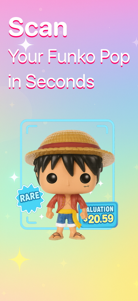 Mobile app interface scanning a Monkey D. Luffy Funko Pop figure to display its market value and rare status