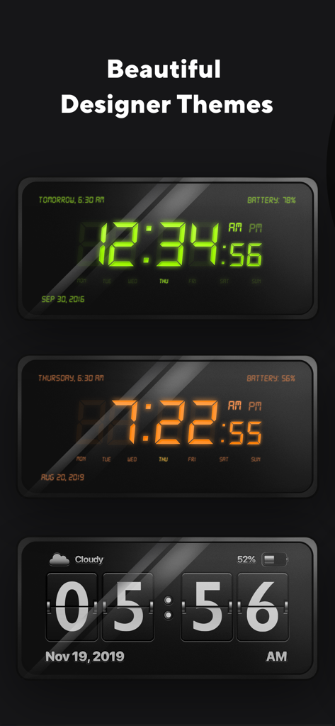 Alarm Clock: Music Sleep Timer - Three digital clock themes featuring green and orange LCD styles and a classic flip clock