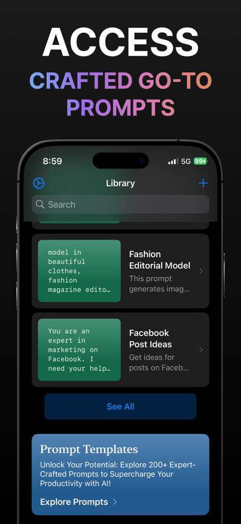 PromptKit: AI Helper - PromptKit mobile app library showing curated AI prompt templates for fashion and social media marketing