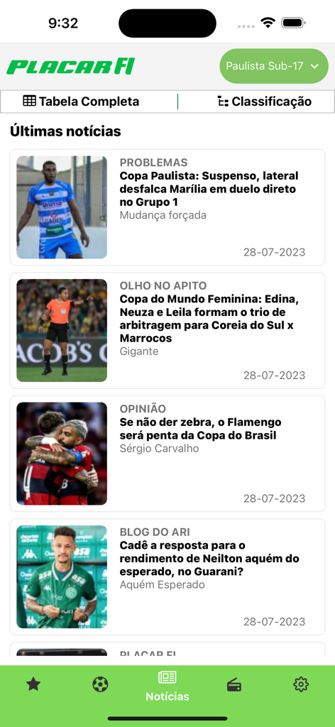 Placar FI - Futebol Interior - Últimas noticias en la aplicación móvil Placar FI que muestran varios titulares de fútbol brasileño