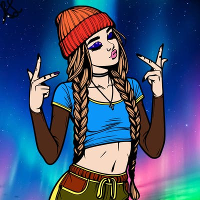 realistic teenage girl with braids and a beanie and crop top doing 🫶🏼