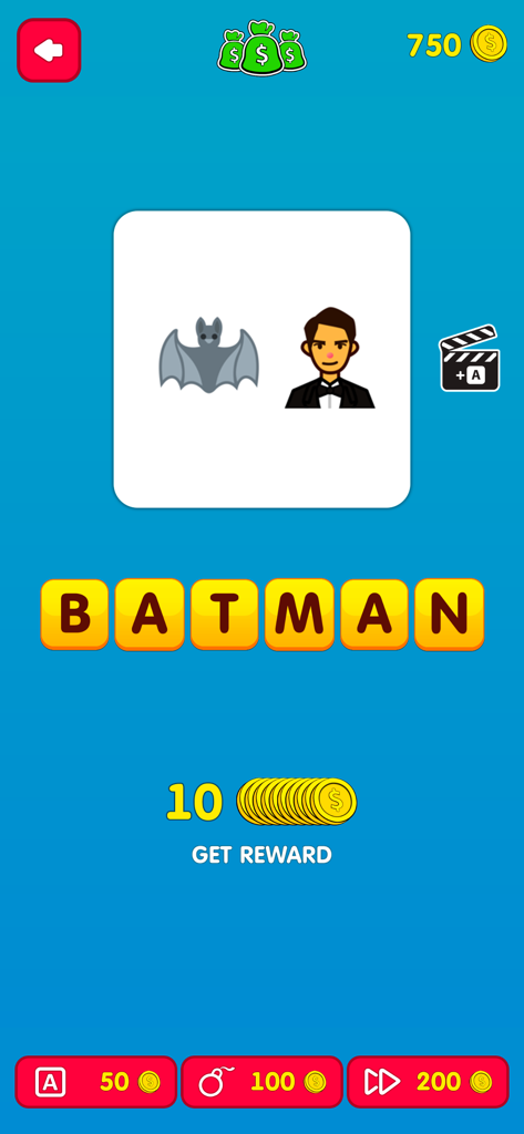 Schermata di trivia sui film che mostra emoji di pipistrello e uomo per indovinare la parola Batman
