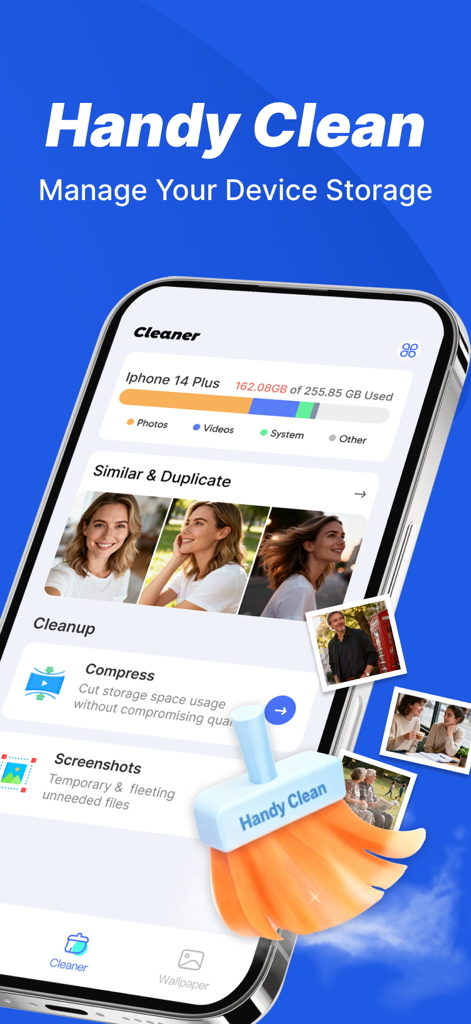 Handy Clean - Handy Clean app interface showing storage management tools like photo cleaning and video compression
