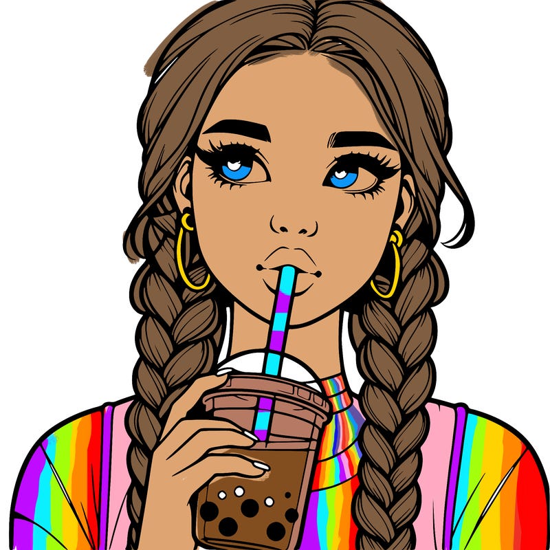realistic girl with braided hair drinking boba
