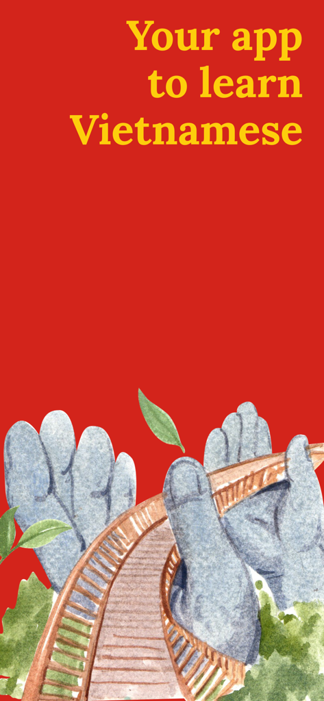 Learn Vietnamese (Beginners) - Promotional screen for Learn Vietnamese app with yellow text and red background.