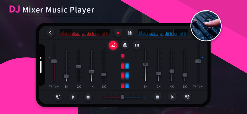 DJ Mixer - DJ Music Player - Application de mixeur DJ mobile affichant des curseurs d'égaliseur et des commandes de musique sur un iPhone