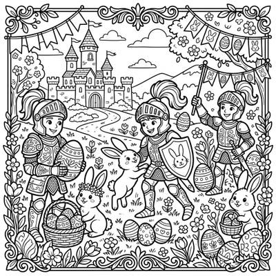 Step into a whimsical world where brave medieval knights join playful Easter bunnies for a grand celebration. This unique coloring page blends historical charm with springtime joy, perfect for all ages.