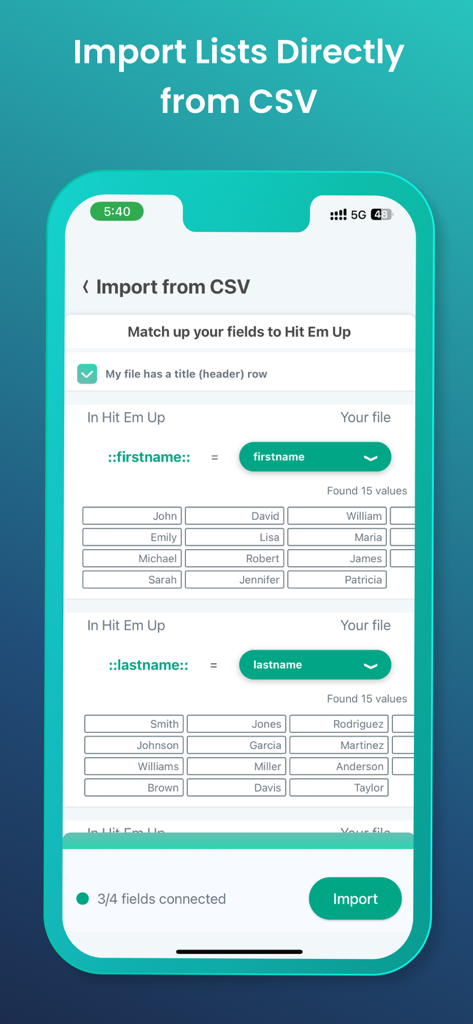 Hit Em Up: Mass Text Bulk SMS - Interface for importing and mapping contact lists from CSV files to the Hit Em Up mass texting app.