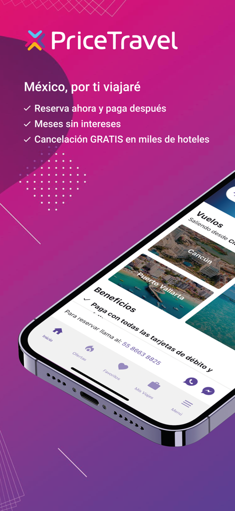PriceTravel app interface showing flight options to Cancun and Puerto Vallarta in Spanish.