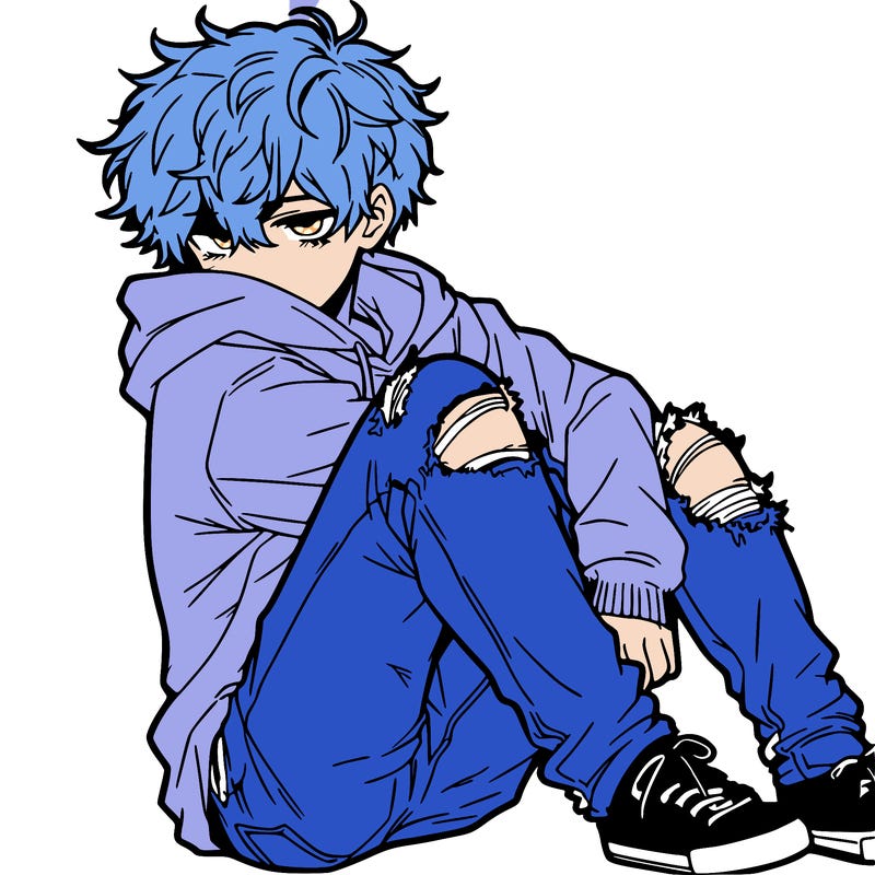 a male hoddie ripped jeans messy hair anime